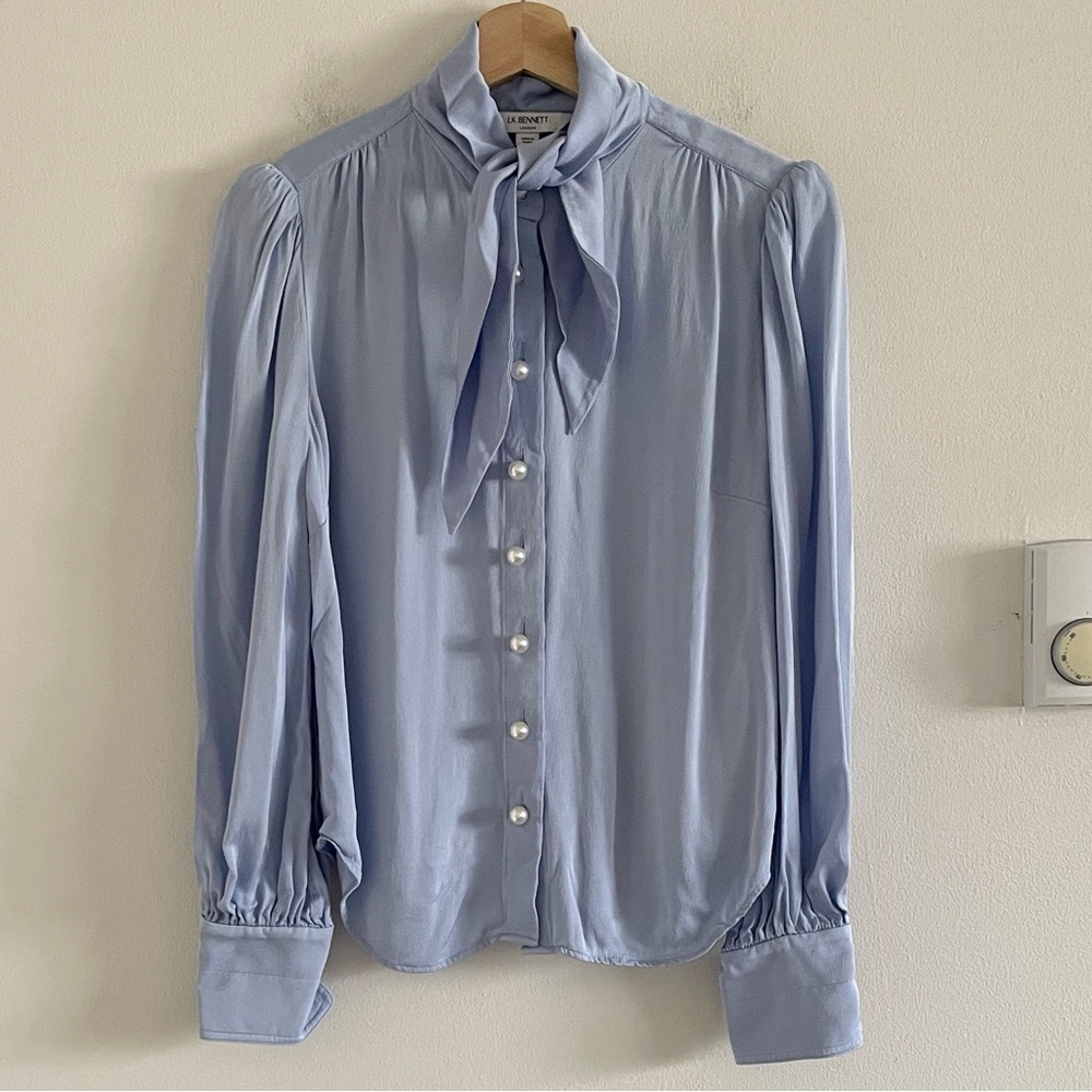 LK Bennett London Hall Tie Neck Blouse Women’s 8 Periwinkle Blue Puff Sleeve - Picture 2 of 8